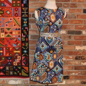 True Vintage 50s Pull-over Multi colored retro Midi House Dress. Sleeveless